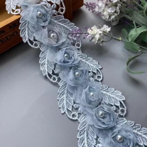 2 Yard Blue Pearl Soluble Flower Embroidered Lace Trim Ribbon Floral Applique Fabric Handmade Wedding Dress Sewing Craft New