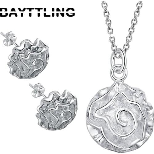 BAYTTLING New 925 Sterling Silver Rose Earrings Pendant Necklace Set For Women Fashion Jewelry Wedding Set Gift