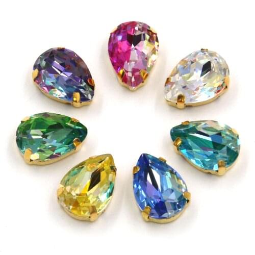 Free shipping gold base Teardrop shape laser glass crystal sewing claw rhinestones for wedding dress clothing decoration