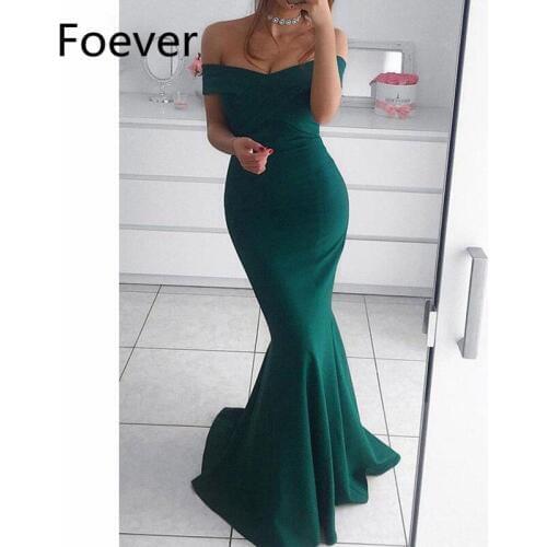 Teal 2019 Mermaid Off Shoulder Evening Dresses Long Elastic Satin Zipper Back Short Sleeve Prom Gown Formal Evening Party Dress