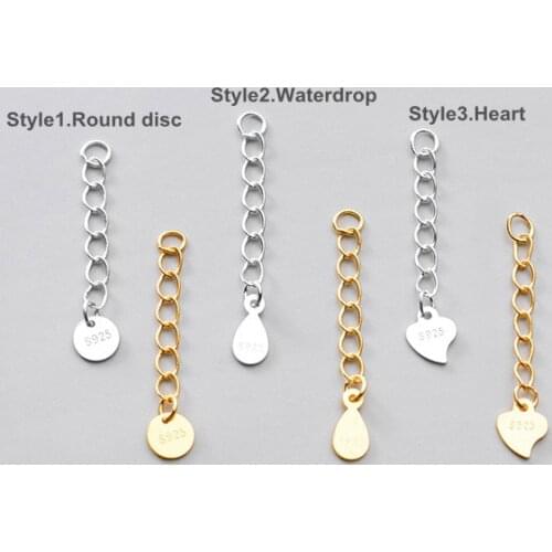 Lo Paulina S925 Sterling Silver Tail Chains 6pcs/lot 3cm/5cm With Round Disc,Heart,Waterdrop Charms For Jewelry Gifts Making