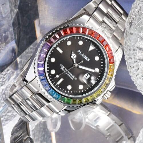 PLADEN Rainbow Diamond Man Watch Luxury Brand Classic Deployment Clasp Sapphire Dive Swimming Gent Japanese Quartz Wristwatch