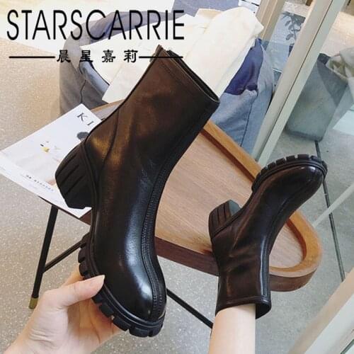 Chelsea Short Boots Thick-soled Riding Boots Womens British Leather Thick Heel Mid-heel Zipper Chimney Mid-tube Boots