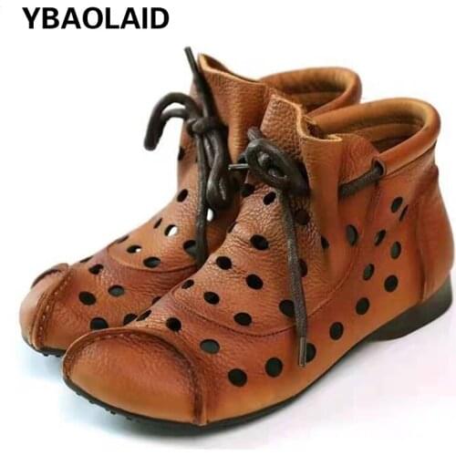 Leather Hollow Lace-up Sandals Womens Boots Summer Wear Round Toe Breathable Sandals Casual Shoes Soft Bottom Hole Boots