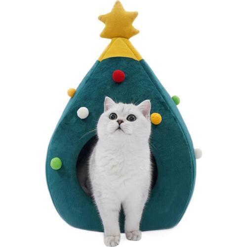 Cat Bed Self Warming for Indoor Cats Dog House Christmas Tree Shape Puppy Cage Lounger Pet Nest for Cats Kittens