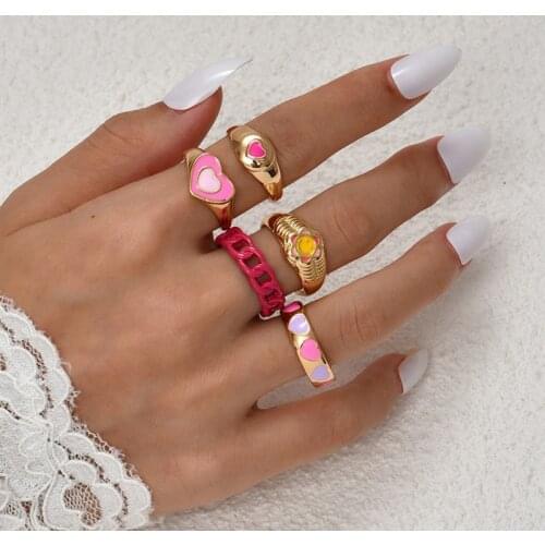 Fashion Dripping Oil Heart Geometric Rings Set Sweet Finger Rings for Women Party Wedding Jewelry Anillos