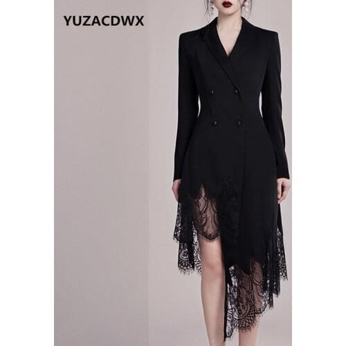 YUZACDWX 2019 New Autumn Slim long-sleeved black Notched dress fashion irregular Lace Stitching Blazer dress womens clothing