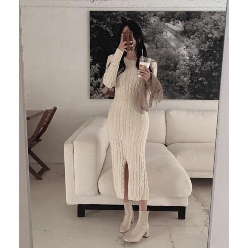 Autumn Winter O-neck Twisted Split Long Knitting Dress Women Casual Good Elastic Thick Sweater Dress Female Knitted Vestidoes