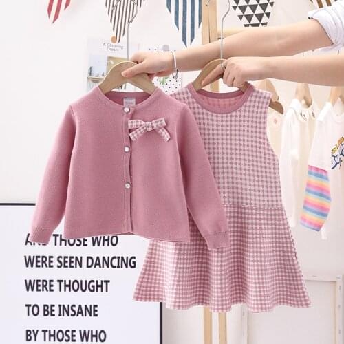 Autumn Fashion Plaid Dress+Long Sleeve Coat 2Pcs Outfit For Children Christmas Clothing Toddler Kids Costume Suit Baby Girls Set