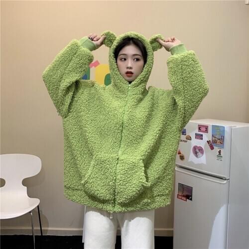 Autumn Winter WomenS Plush Coat Imitation Lambs Loose Jacket Cute BearS Ear Hooded Zipper Coat Kawaii Hoodies Jacket