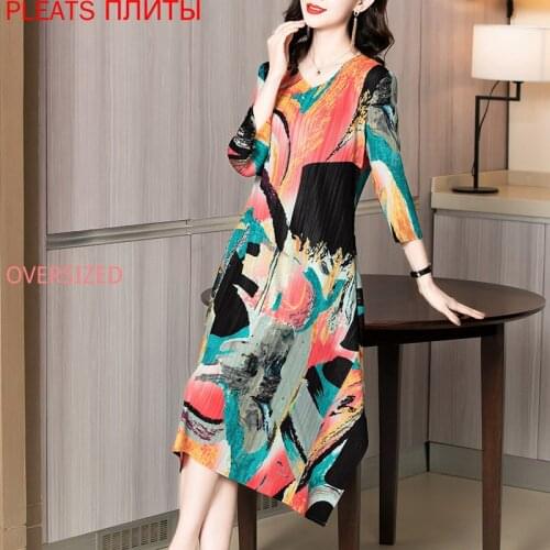 MIYAKE Pleats Dress Printing Fashion Vestido 3/4 Sleeve
