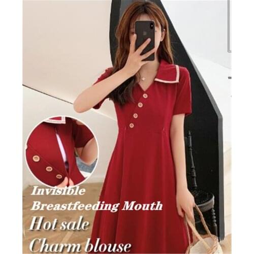 Breastfeeding Maternity Dresses 2021 Summer Short Sleeve Nursing Clothes For Pregnancy Womens Lapel Dress Premama Clothing C0166