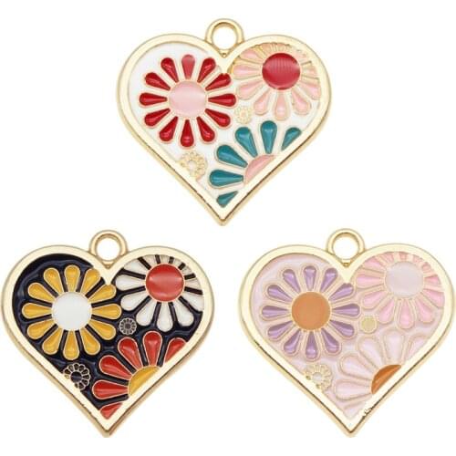 Julie Wang 6PCS Enamel Heart Shape Charms Daisy Flower Pattern Alloy Mixed Gold Tone Pendants Bracelet Jewelry Making Accessory