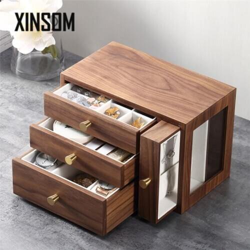 XINSOM Vintage Wooden Jewelry Box For Women Drawer Type Three Layers Jewelry Storage Box High Capacity Case Casket Girls Gift