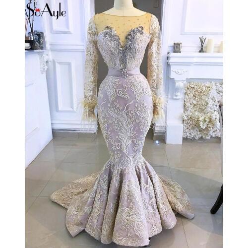 SoAyle Arabian Sequins Evening Dresses Beaded Mermaid Evening Dress Lace Appliques Feathers Long Arabic Dubai Prom Dresses