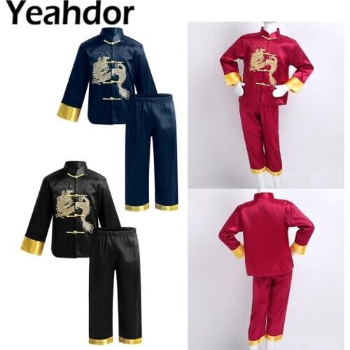Children Traditional Chinese Clothing Boys Embroidery Dragon Kung Fu Uniforms Wushu Clothing Sets Satin Long Sleeve Tops + Pants