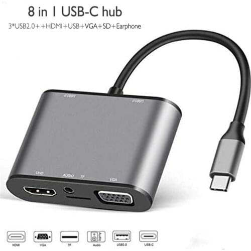 USB C Hub 8 In 1 Type C To HDMI-compatible VGA PD TF 3.5MM USB3.0 Usb2.0 HUB adapter for MacBookPro S8 S9 Huawei P20 P30