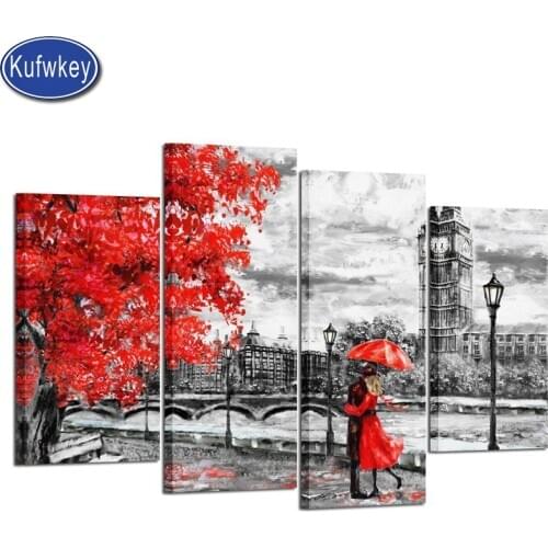 Cross-stitch diamond painting Black White and Red Umbrella Couple in Street Big Ben full diamond embroidery round 3d diy mosaic