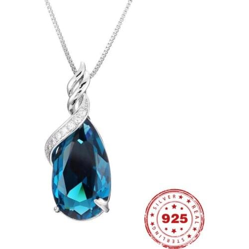 925 Sterling Silver Color Pendants Natural Sapphire Necklace Pendant For Women Water drop Blue Topaz Gemstone Zircon Pendant