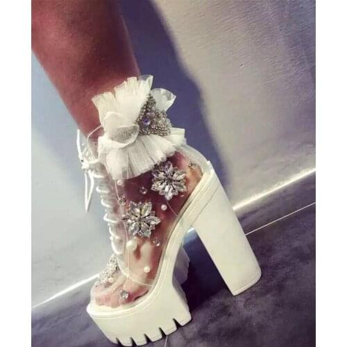 Woman Crystal Embellished Pearl Beads PVC Ankle Boots Sweet Lace Flower Platform High Chunky Heel Pumps Rhinestone Wedding Shoes