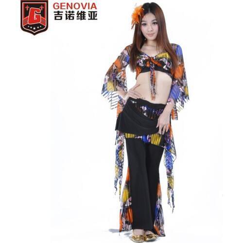 Women Belly Dance Costume Print Blouse Top & pants 2 Piece Suit Ladies Dance Clothes Tassel Sleeve Women