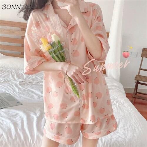 Pajama Sets Women Cartoon Pattern Hipster Female Homewear Turn-down Collar Summer Single Breasted Short Sleeve Ladies Daily Ins