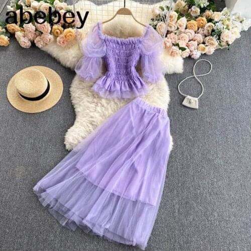 Women Summer Boho Mesh Beach Set Sexy Backless Puff Sleeve Short Tops+High Waist Long Skirt Two Piece Suits