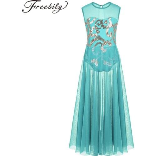 Girls Lyrical Ballet Dance Dress Ballerina Leotard Tutu Skirt Dancewear Costume Children Floral Sequins Tank Leotard Maxi Dress