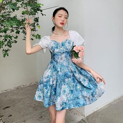 Floral New 2021 Court Retro Style Dress Women Jacquard A-Line Elegant Fairy Short Puff Sleeve High Waist French Vintage Dress