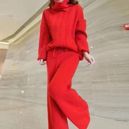 Winter Womens Suits Fashion Wool Knitting Set Casual Thicken Turtleneck Sweater And Wide Leg Pants 2 Piece Outfits For Women