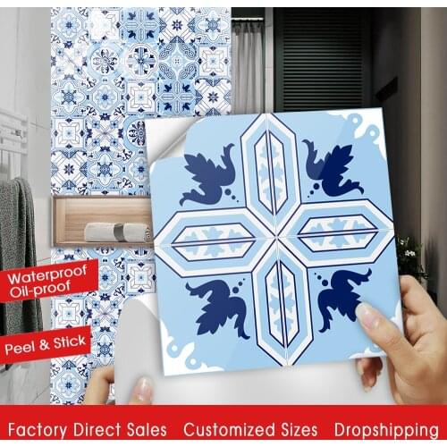 10pcs/set Light Blue Floral Ornament Arabesque Wall Sticker Kitchen Bathroom Ceramics Wall Decals Tiles Floor Ground Art Mural