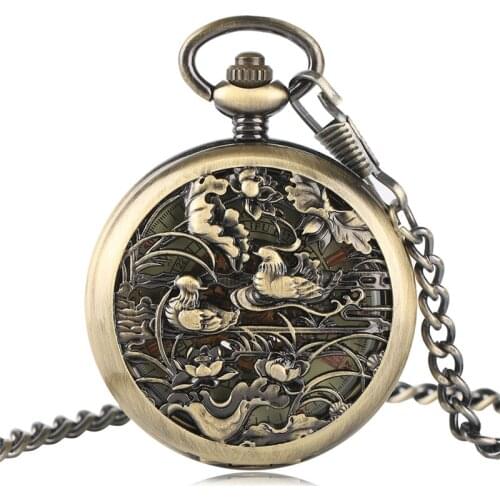 2020 Retro Bronze Half Hunter lover Bird Engraved Mechanical Hand Wind Pocket Watch Men Women Pendnat Gift + Chain Gift