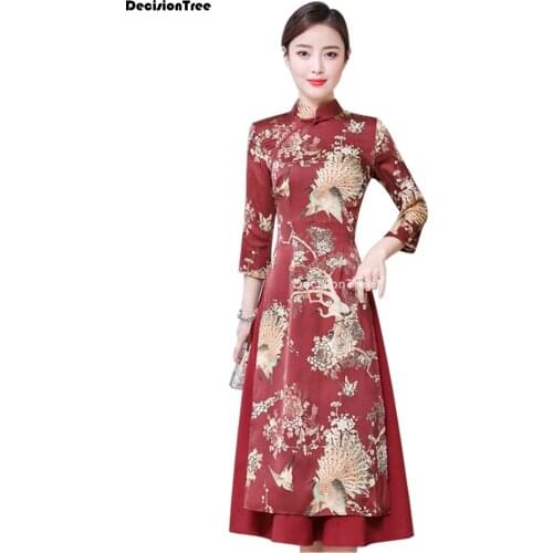 2021 cheongsam ao dai vietnam style elegant lady satin dress retro mandarin collar phoenix print aodai dress chinese dress qipao