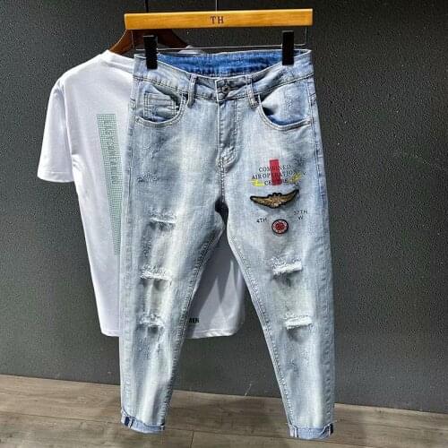 2021 autumn winter new embroidery denim jeans rusty feet slim stretch brand trousers Ripped hole mens clothing pencil pants
