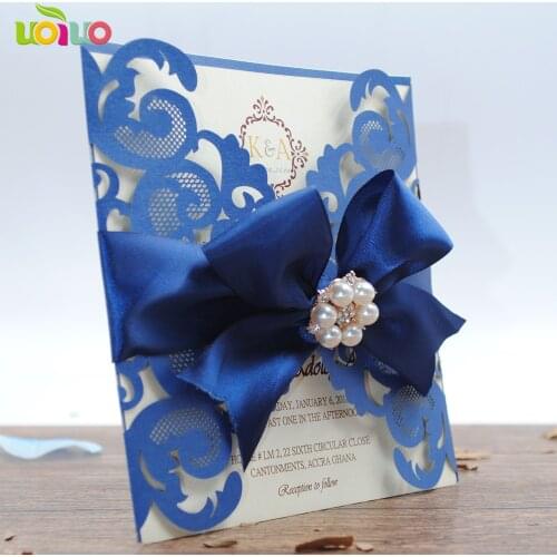 DIY 25set customize inc277 laser cut wedding invitation card tied naby blue bow big rhinestone+printing card+envelope with seal