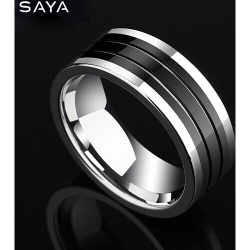 8MM Width High Polished Men Tungsten Carbide Band Rings for Anniversary Inlay Black Ceramic, Free Shipping, Customized