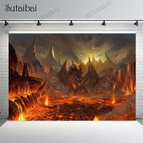Ancient Dragon Mountain Volcano Eruption Flame Backdrop High Quality Computer Print Party Background Wallpaper Wall