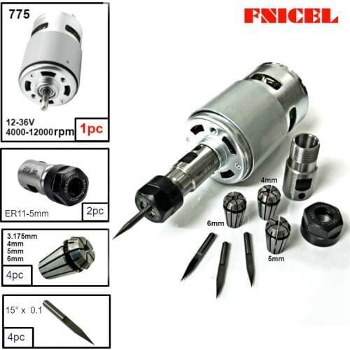 FNICEL 775 DC Motor 12-36V Ball Bearing Spindle Motor W/ ER11 Extension Rod Carving Knife for CNC Router Machine 1610/ 2417 3018