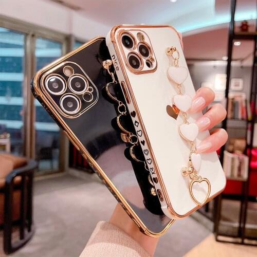 LOVE Heart Chains Phone Case For iPhone 12 11 Pro Max XR XS Max 7 8 Plus Corner Shockproof Electroplated Couple Soft Brief Cover