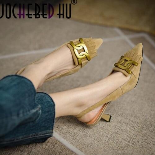 【JOCHEBED HU】 2021 New Women Chain Sandals Slingbacks Genuine Leather Pointed Toe Med Heels Sandals Female Fringe Slip On Casual