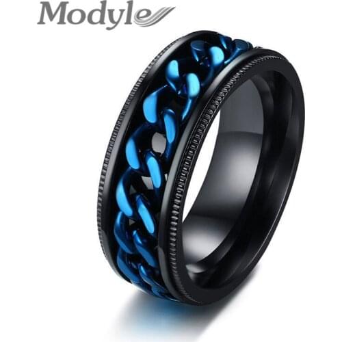 Modyle 2021 Fashion Men Ring The Punk Rock Accessories Blue 316L Stainless Steel Black Chain Spinner Rings For Men