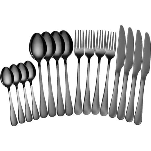 QueenTime 16Pcs Creative Dinnerware Set Stainless Steel Cutlery Set Black Knife Forks Spoon Flatware Kit Western Silverware