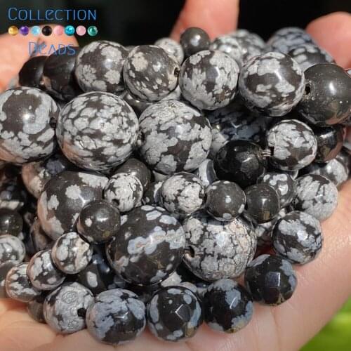 Natural Faceted Black Snowflake Jaspers Stone Loose Round Beads For Jewelry Making 4-10 MM DIY Bracelets Accessories Wholesale