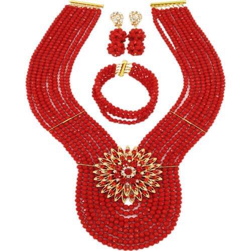 New Opaque Red Crystal Costume Nigerian African Wedding Beads Jewelry Necklaces Set Bridal Beads Sets 8PD12