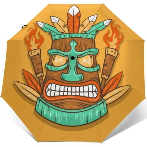 Sunny Umbrella Angry Tiki Mask With Torches Automatic folding portable men women umbrella Sunscreen rain Windproof beach parasol