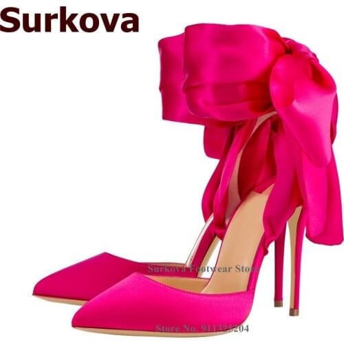 Surkova Hot Pink Red Silk Fabric Wedding Shoes Big Bowtie Lace-up High Heel Pumps Shallow Butterfly-knot Party Shoes Size46