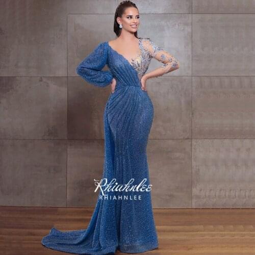 Full Sleeve Arabic Beaded Evening Dresses Sexy Mermaid Sparkle Formal Gowns For Party With Overskirt Rhiahnlee