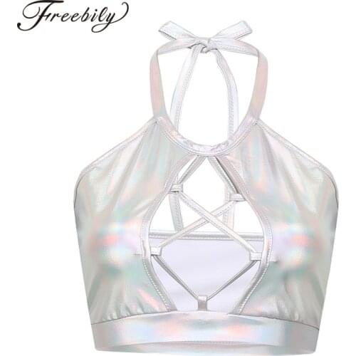 Women Sexy Crop Top Wetlook Metallic Halter Front Hollow Backless Club Party Performance Pole Dance Tops Festival Rave Costume