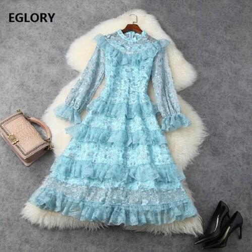 High Quality Lace Dress New 2021 Spring Summer Fashion Runway Style Women Luxurious Embroidery Ruffle Deco Blue Purple Dress