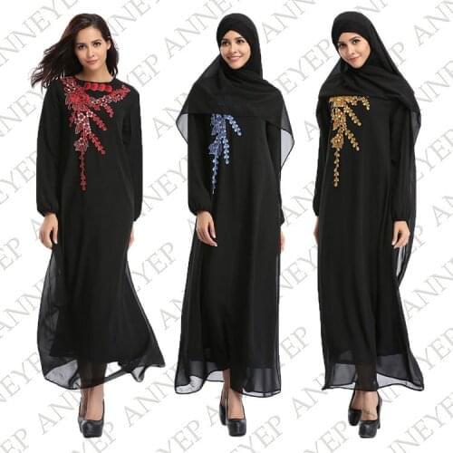 2017 Chiffon Embroidery Flowers Women Robe Summer Long Sleeves O Neck Long Abaya Muslim Arabian Clothing Loose Casual